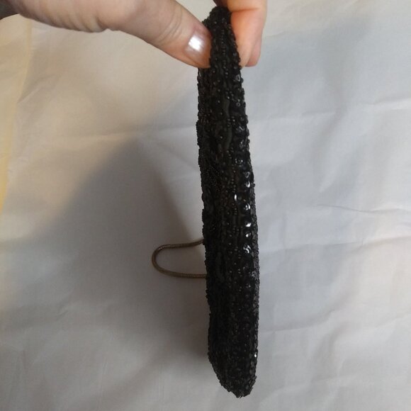 Vintage made in Hong Kong  black Beaded and Sequined clutch handbag kiss clasp - Picture 8 of 17